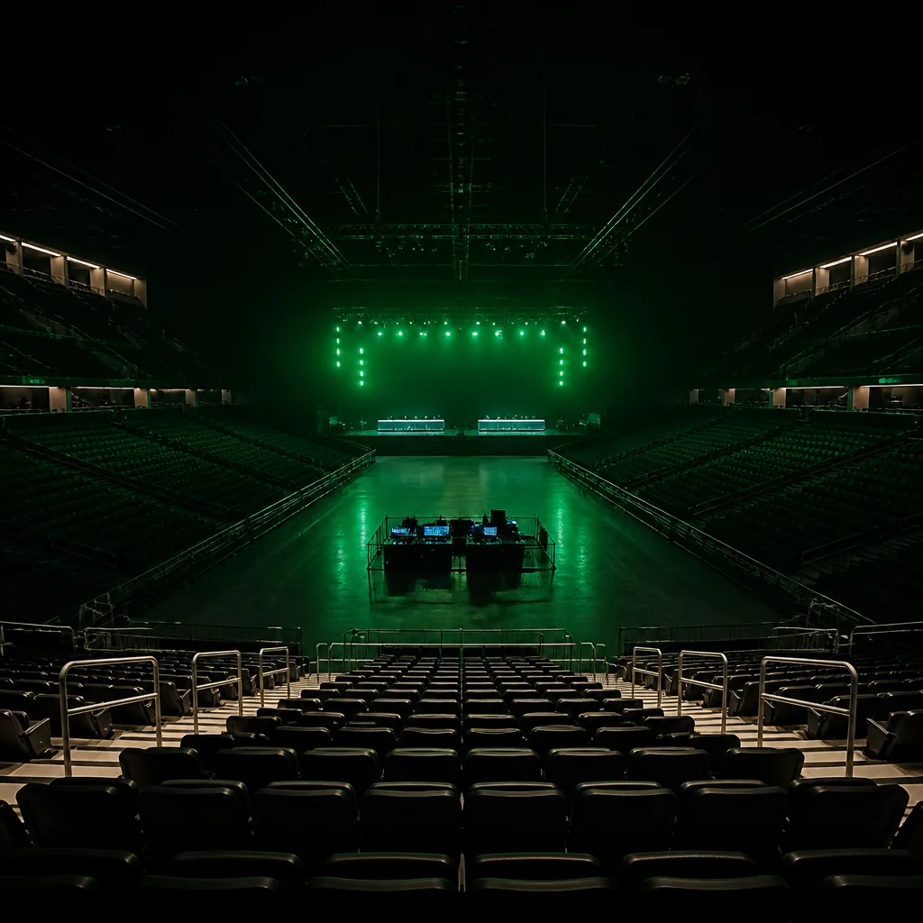Gradas de arena de esports con luz verde a lo lejos / Esports arena seating with distant green light