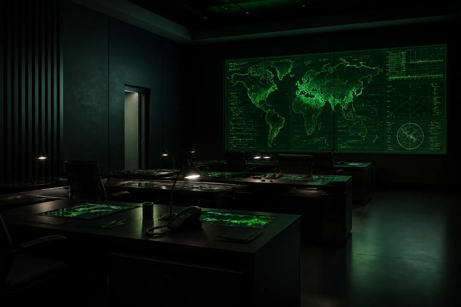 Sala de mando táctica en penumbra con una pantalla verde / Dim tactical command room with a green display