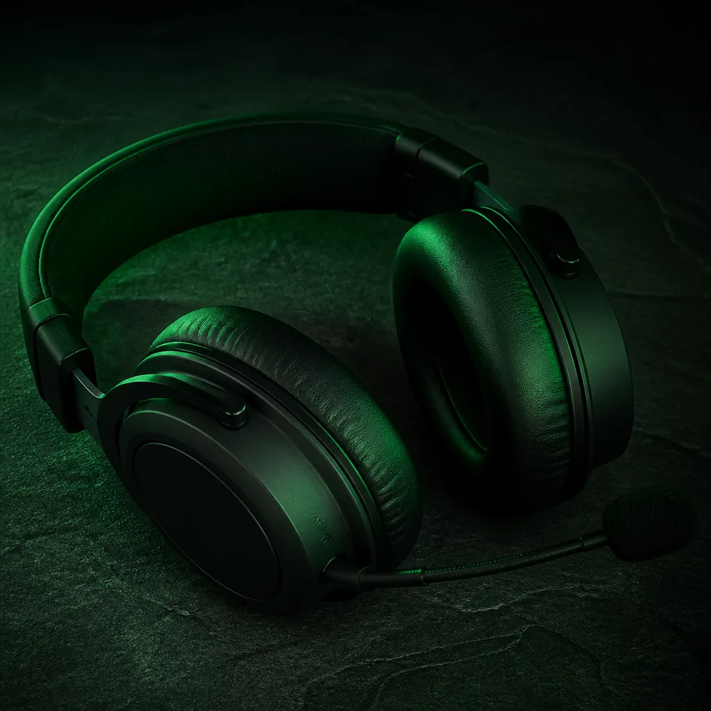 Auriculares gamer negros bajo luz verde / Black gaming headset under green light